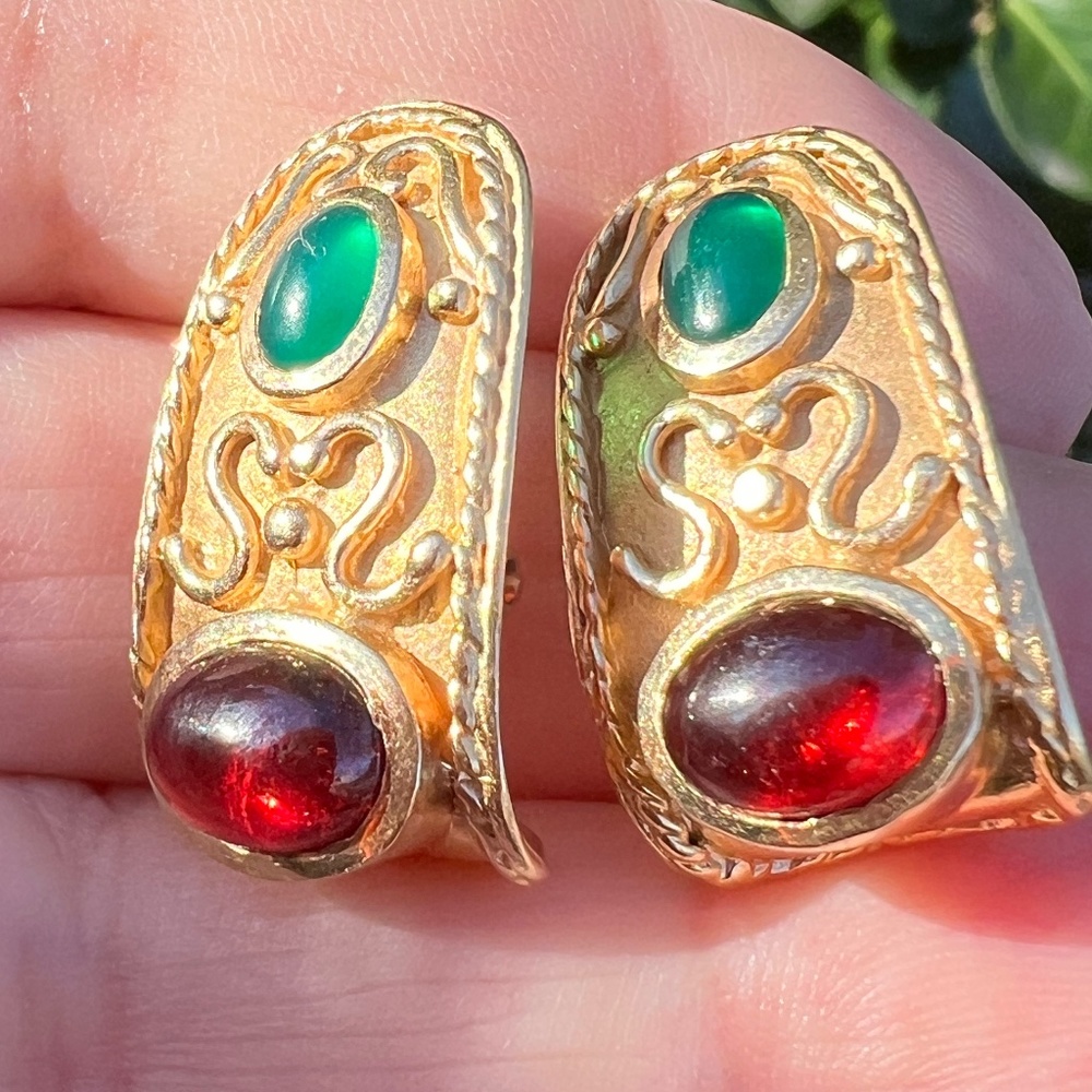 VINTAGE 14K GOLD CABOCHON GARNET GREEN CHRYSOPRASE EARRINGS STATEMENT CUSTOM - Picture 1 of 16